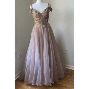 Sherri Hill Dress Champagne & Gold Classic Ball Gown Off the Shoulder Women's 4